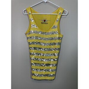 Twisted Heart Sequin Striped Tank Top Yellow Size Medium Y2K Glam Clubwear